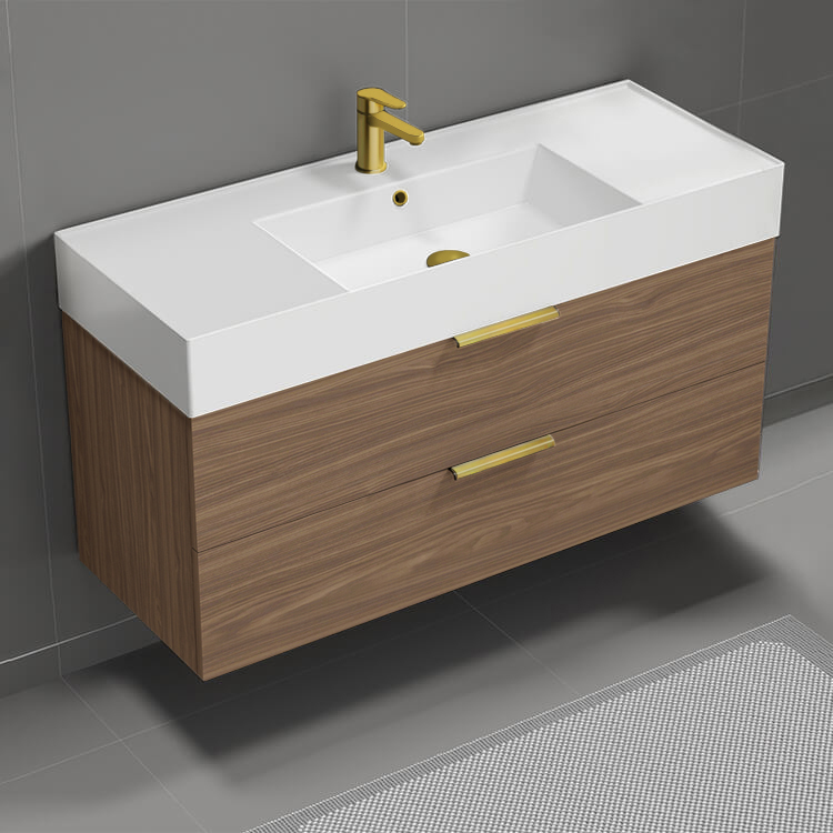 Bathroom Vanity Floating Bathroom Vanity, Modern, Walnut, 48 Inch, Gold Handles Nameeks DERIN483